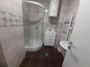 a bathroom with a shower and a toilet and a sink at MG Lux in Bijeljina