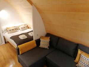 ein Wohnzimmer mit einem Sofa und einem Bett in der Unterkunft The Honeybee Pod in Penrith