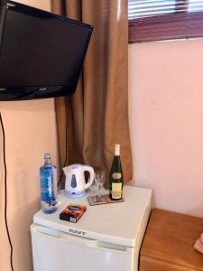 una TV sopra un frigorifero con due bottiglie di vino di Puerto Banus .,Gray de’Albion a Marbella