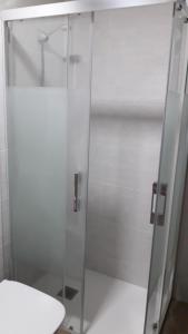a shower with a glass door next to a toilet at Casa cueva La Tosca in Setenil