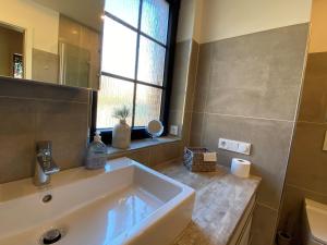a bathroom with a white sink and a window at Haus Seeheim in Böhl +23 photos