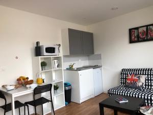 a living room with a couch and a kitchen at HYPER CENTRE - WIFI FIBRE GRATUIT - JERGWELOH - Le Londonien in Caen