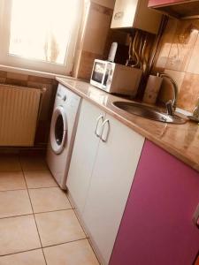 a kitchen with a washing machine and a sink at COLORFUL PARADISE in Piatra Neamţ
