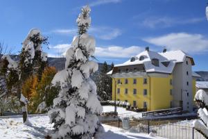 a snow covered tree in front of a yellow building at Hotel Vittoria in Folgaria