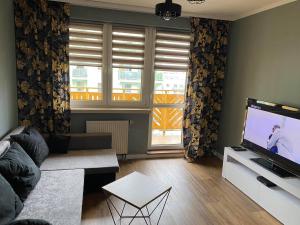 ein Wohnzimmer mit einem Sofa und einem Flachbild-TV in der Unterkunft Apartament Wiosełko Warszawa in Warschau
