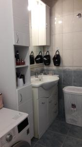 bagno bianco con lavandino e servizi igienici di MELÁNIA a Vonyarcvashegy