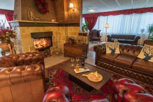 a living room with leather furniture and a fireplace at Hotel Iris in Pescasseroli