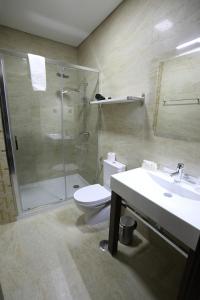 een badkamer met een douche, een toilet en een wastafel bij O Casario in Mirandela