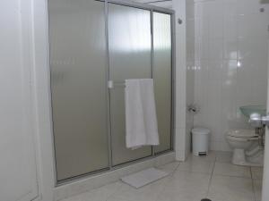 y baño con ducha, aseo y toalla. en Hotel Don Gregorio, en Cartago