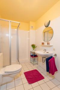 ein Bad mit einer Dusche, einem WC und einem Waschbecken in der Unterkunft Ferienwohnung #20 Am Neuensiener See - Seedorf in Sellin