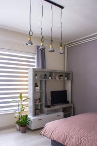 - une chambre avec un lit, une télévision et quelques lumières dans l'établissement BB Downtown Apartment, à Bajina Bašta