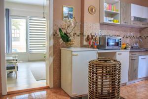 a kitchen with white cabinets and a microwave at BB Downtown Apartment in Bajina Bašta