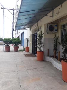 a building with potted plants sitting outside of it at Hotel Lm in Pedro Canário