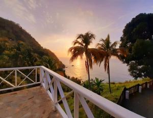 a view of the ocean with palm trees and a white railing at Castara Inn in Castara