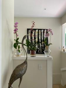 a statue of a bird sitting on a shelf with flowers at Top de Buzios Boutique Hotel & Spa in Búzios +46 photos