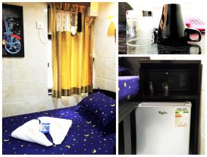 2 Bilder von einer Küche und einem Kühlschrank in einem Zimmer in der Unterkunft Day and Night Hostel Block D 10th floor in Hongkong