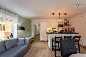 ein Wohnzimmer und eine Küche mit einem Sofa und einem Tisch in der Unterkunft Magnolia Central Apartment #1 in Sighişoara