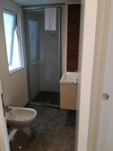 a bathroom with a shower and a toilet and a sink at Campeggio Italia in Marina di Massa