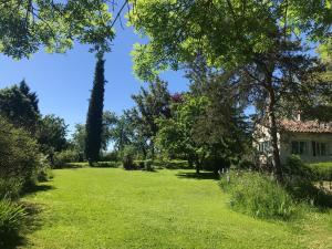 un gran patio con árboles y una casa en Malepère, en La Bastide-de-Bousignac