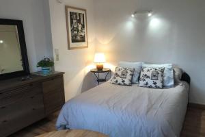 1 dormitorio con 1 cama con almohadas y TV en Meublé Prado Vélodrome, en Marsella