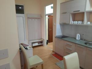 貝爾格勒的住宿－Apartman Karadjordje 2，厨房配有柜台、椅子和水槽