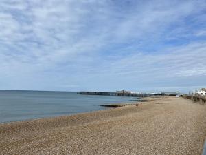 a beach with a pier in the water at Astral Lodge in Hastings