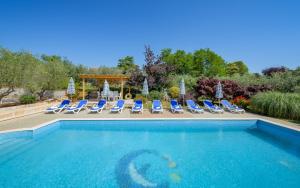 a swimming pool with blue chairs and a group at Villa Franka 113 in Bašanija