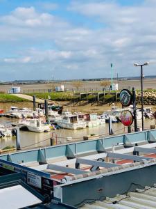 Kilka łodzi zakotwiczono na przystani. w obiekcie le logis du port w mieście Meschers-sur-Gironde