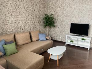 ein Wohnzimmer mit einem Sofa und einem Flachbild-TV in der Unterkunft 2-х комнатная квартира в деловом центре города рядом с ТРЦ Планета in Krasnojarsk