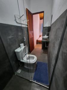 a bathroom with a toilet and a mirror and a sink at Pousada Iemanja in Caraíva