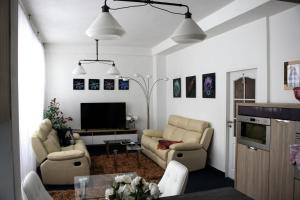 a living room with two couches and a tv at Apartmán Vintage A2 v Chomutově in Chomutov