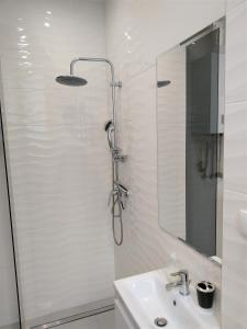 a bathroom with a shower with a sink and a mirror at Apartament Sikorki in Nowy Sącz