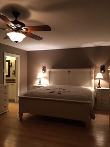 大巴靈頓的住宿－NEW LISTING SPECIAL SAVE 10 Impeccable House Minutes from Downtown Great Barrington，一间卧室配有一张床和吊扇