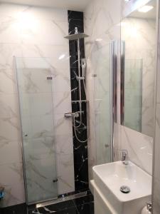 La salle de bains est pourvue d'une douche en verre et d'un lavabo. dans l'établissement Apartament Pijarska, à Nowy Sącz