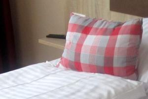 a bed with a red and white pillow on it at Jetenburger Hof in Bückeburg