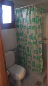 a bathroom with a toilet and a shower curtain at Hotel Glaros Lipsi in Leipsoi