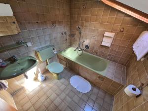 a bathroom with a green tub and a toilet and a sink at Alpenpension Bergidyll in Schönau am Königssee