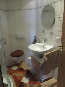 een badkamer met een wastafel, een toilet en een spiegel bij Landhaus Panoramablick in Extertal
