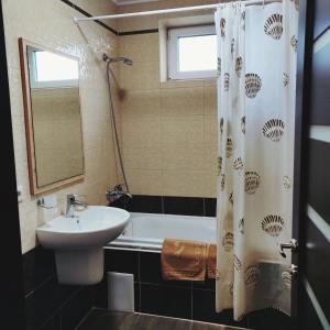 y baño con lavabo, aseo y ducha. en Апартаменти біля термального басейну, en Beregovo