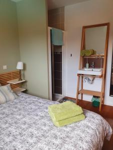 Un dormitorio con una cama con una toalla verde. en Au calme, entre lac et océan, en Vielle-Saint-Girons