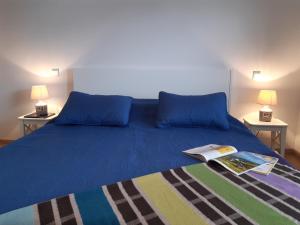 a bed with blue pillows and a book on it at Apartment Gästehaus Maria in Rettenbach am Auerberg