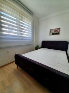 a bedroom with a large bed in a room with a window at Aleksandar First Sea Line Apartment in Bar