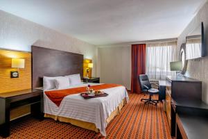 波薩里卡的住宿－巴黎FC酒店，酒店客房设有一张大床和一张书桌。
