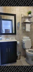 La salle de bains est pourvue d'un lavabo, de toilettes et d'un miroir. dans l'établissement The White Bungalow, à Rosarito