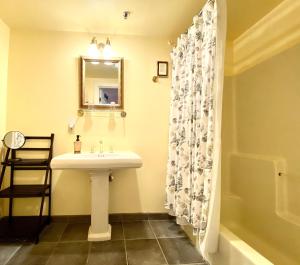 a bathroom with a sink and a shower curtain at Excelsior Inn in Eugene