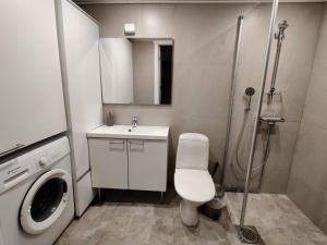 a bathroom with a toilet and a sink and a shower at Tähtisara in Syöte +9 photos