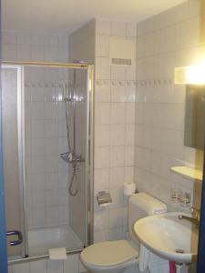 uma casa de banho com um chuveiro, um WC e um lavatório. em Hotel Sportcenter Fünf Dörfer AG em Zizers