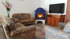 a living room with two chairs and a fireplace at Hotel Alla Dolina in Sistiana