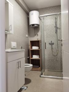 a white bathroom with a shower and a toilet at Apartman Krasula Doboj in Doboj