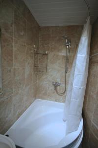 y baño con ducha, aseo y cortina de ducha. en Molesey near Hampton Court, Viking Short Stays, en West Molesey